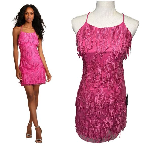 Lulus Dresses & Skirts - New Lulus Dress Womens M Making Magic Fringe Lace Up Mini Overlay Bright Pink